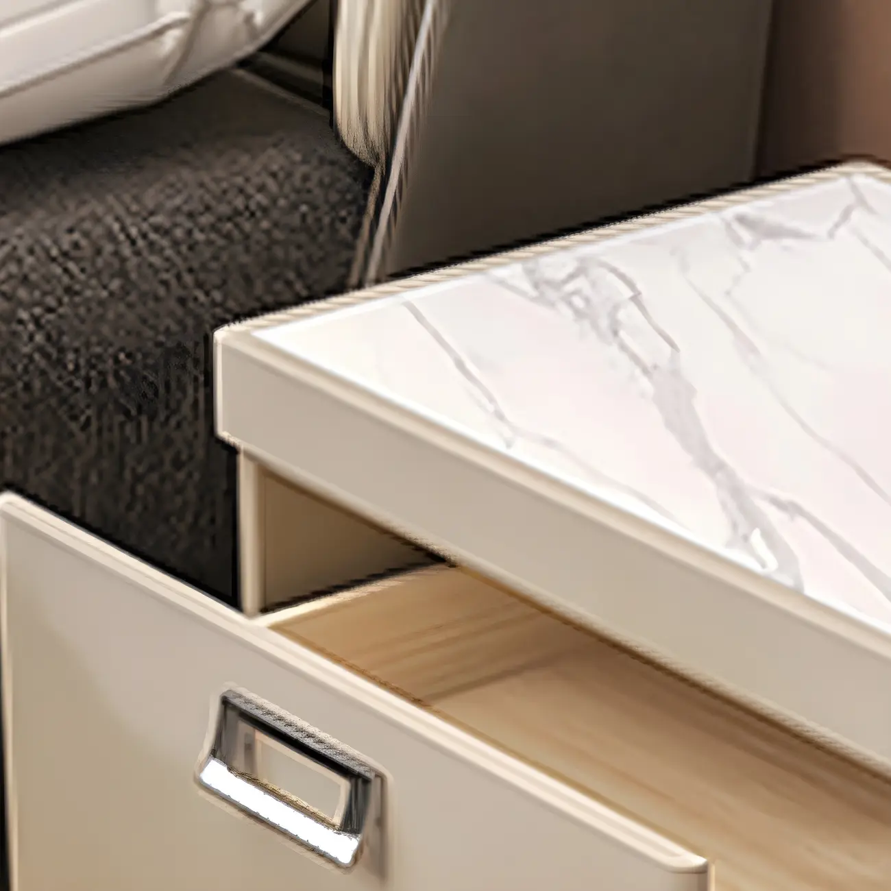 Modern Faux Leather 2 Drawers Nightstand with Stone Top