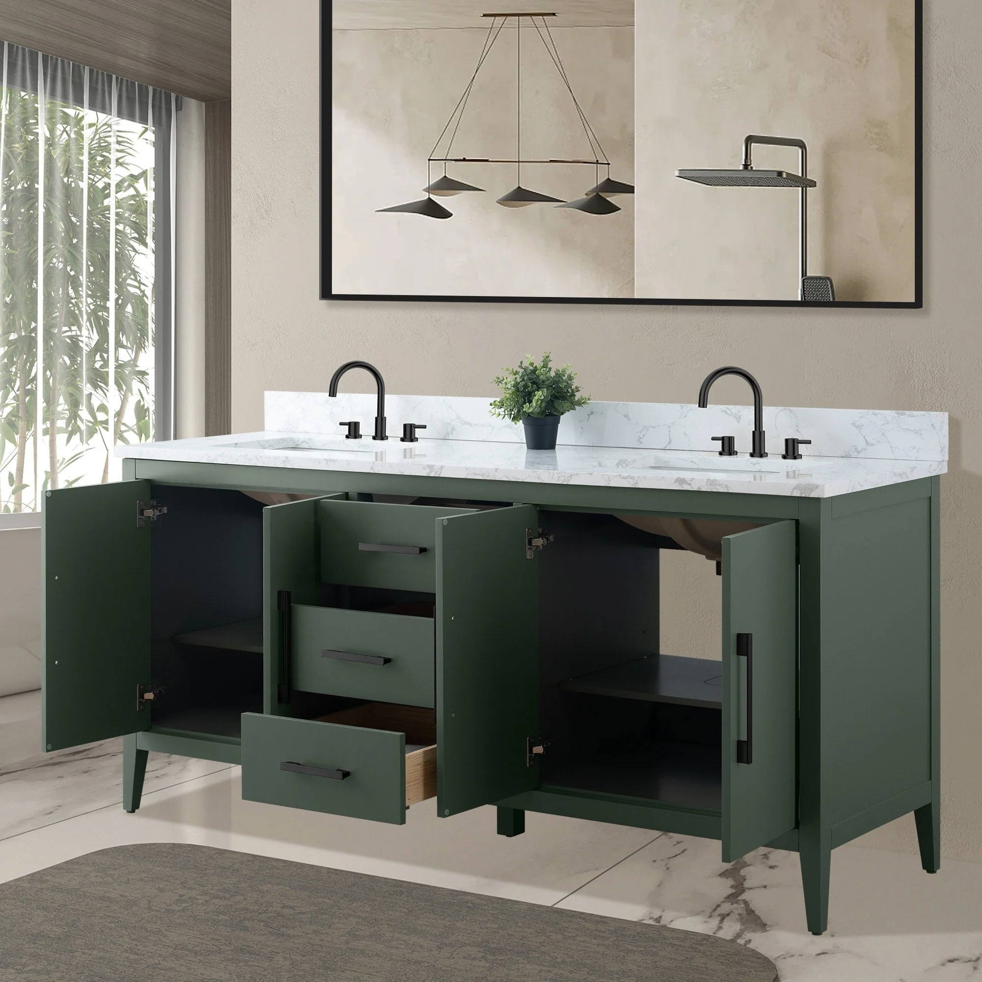 Vanity Art 72 Double Sink Bathroom Vanity Cabinet with Engineered Marble Top
