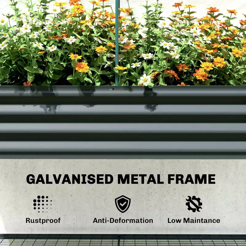 Outsunny Galvanised Raised Garden Bed with Greenhouse Cover, Metal Elevated Garden Bed with Bed Liner and Bottom Shelf