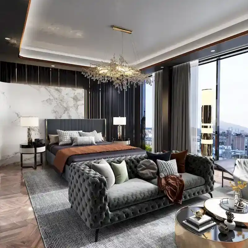 Modern Illuminated Bed Frame with Gold Trim - Chic Upholstered Design