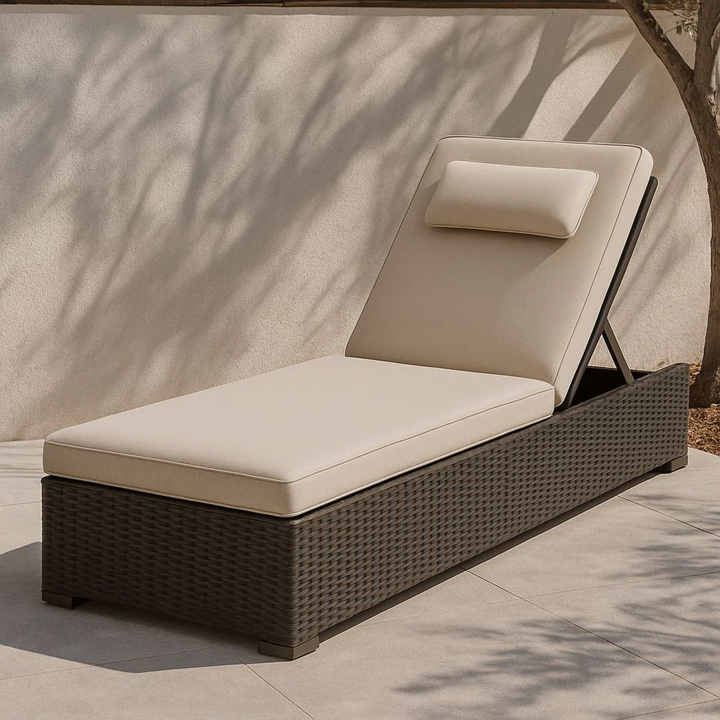 Chaise Longue de Jardin Réglable en Résine Tressée Noir/Beige avec Coussin en Polyester