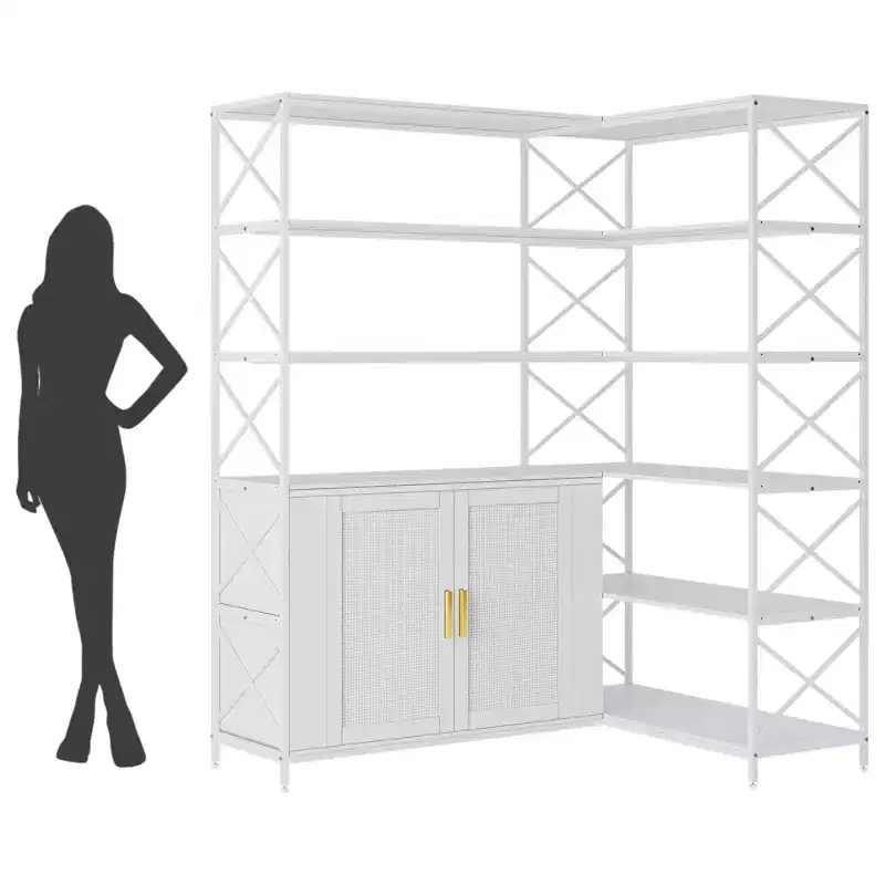 L-Shaped Modern Corner White Bookcase, 6-Layer Corner Open Bookcase, Modern Industrial Style Bookcase for Office, Living Room, Kitchen, White