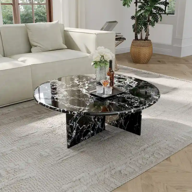 35.43Modern Round Coffee Table,Glossy Faux Marble Table top