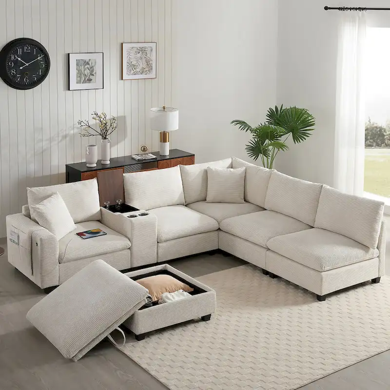 U Shaped Chenille Sofa w/Ottoman,Console,Cup Holder,Wide Seat,USB