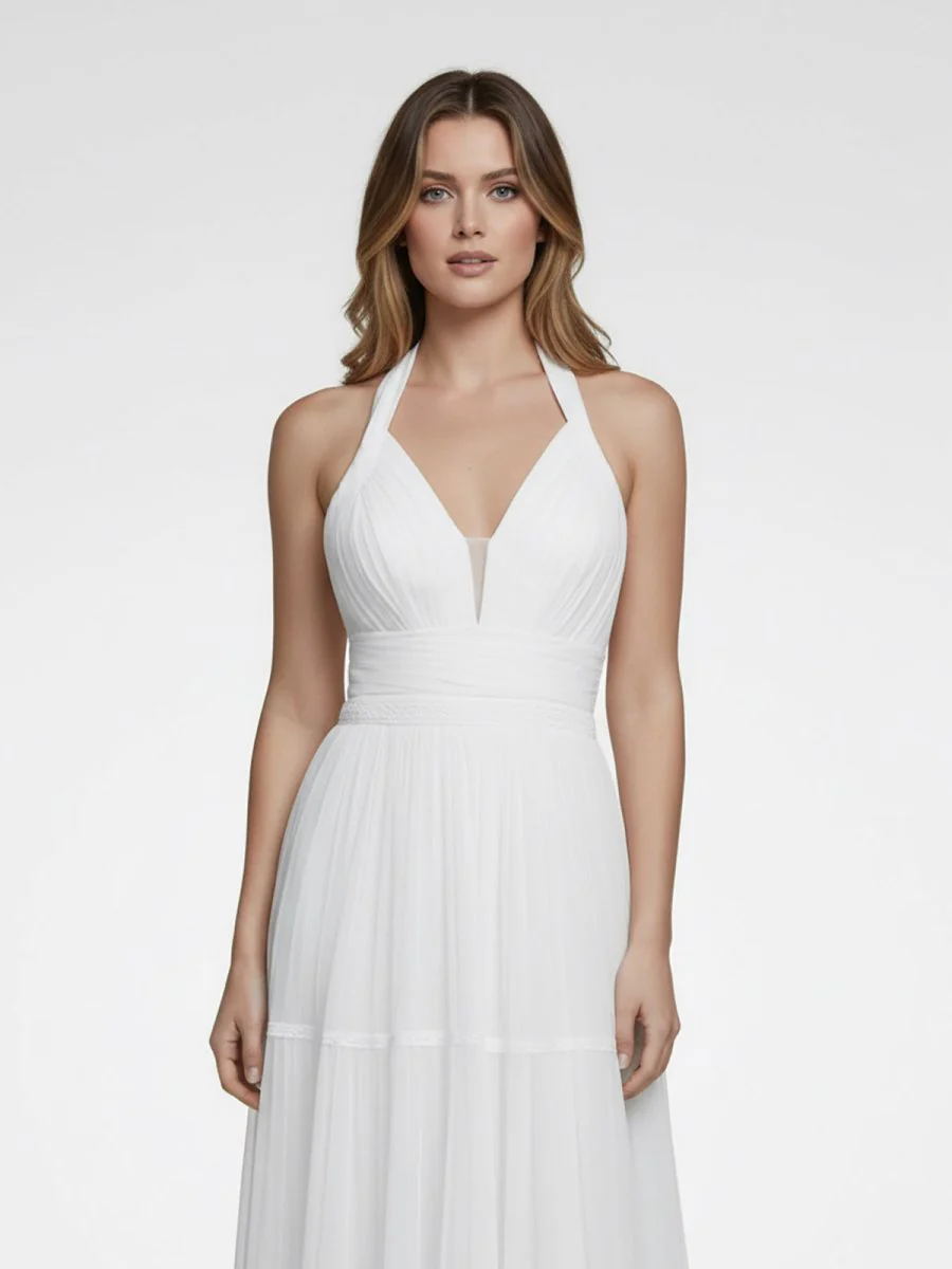 Bohemian Halter A Line Tulle Brush Train Wedding Dress with Ruching