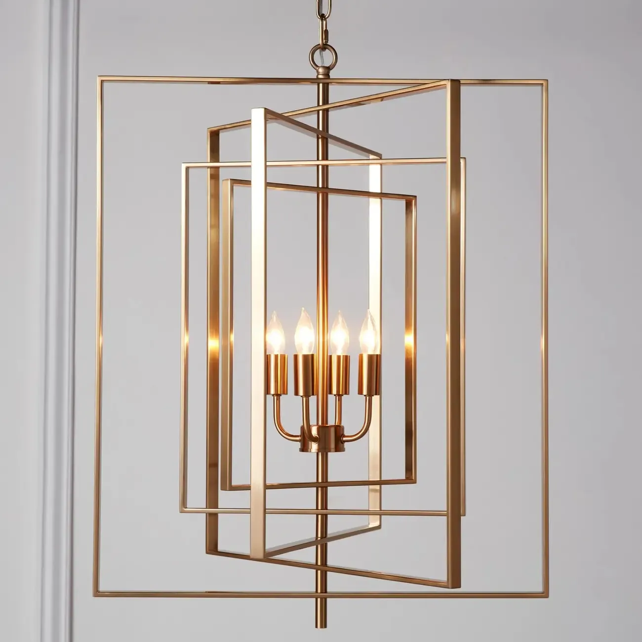 Modern Gold Rectangular Metal Cage Chandelier