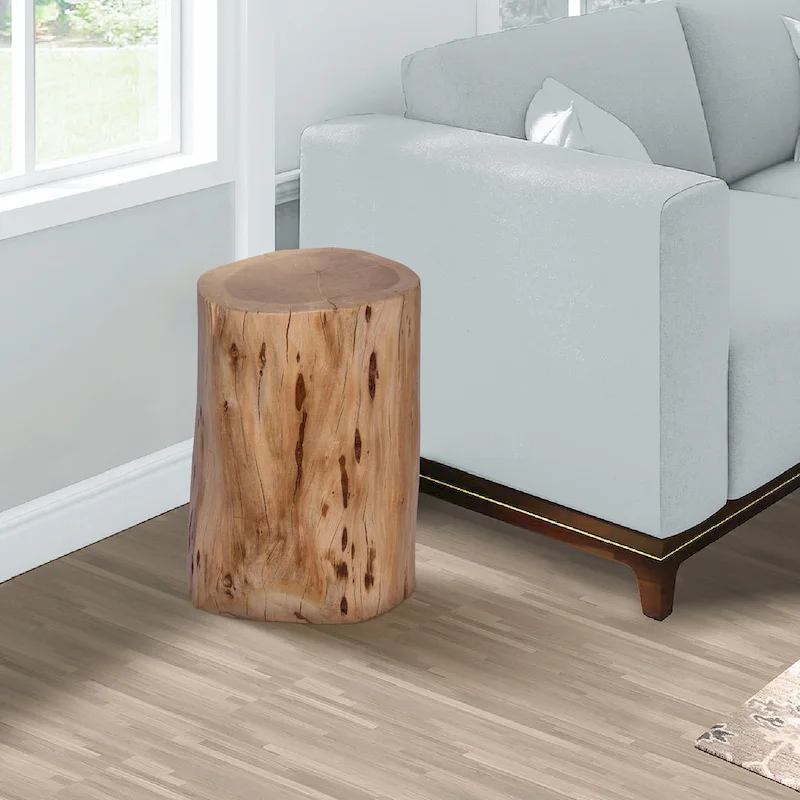 17 Inch Accent Stump Stool End Table, Live Edge Acacia Wood Log with Grain and Knot Details, Natural Brown