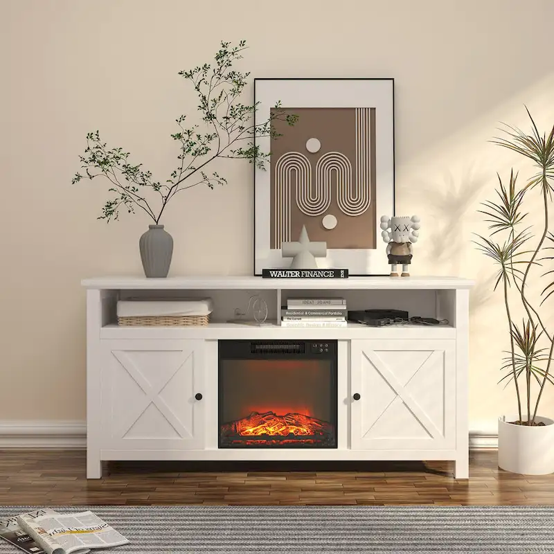 Clihome 58  Wood Fireplace TV Stand with 18  Electric Fireplace