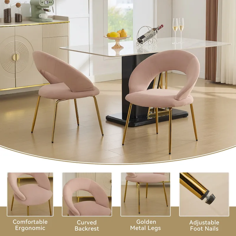 Velvet Dining Chair with Curved Backrest - Gold Legs - Single Seat