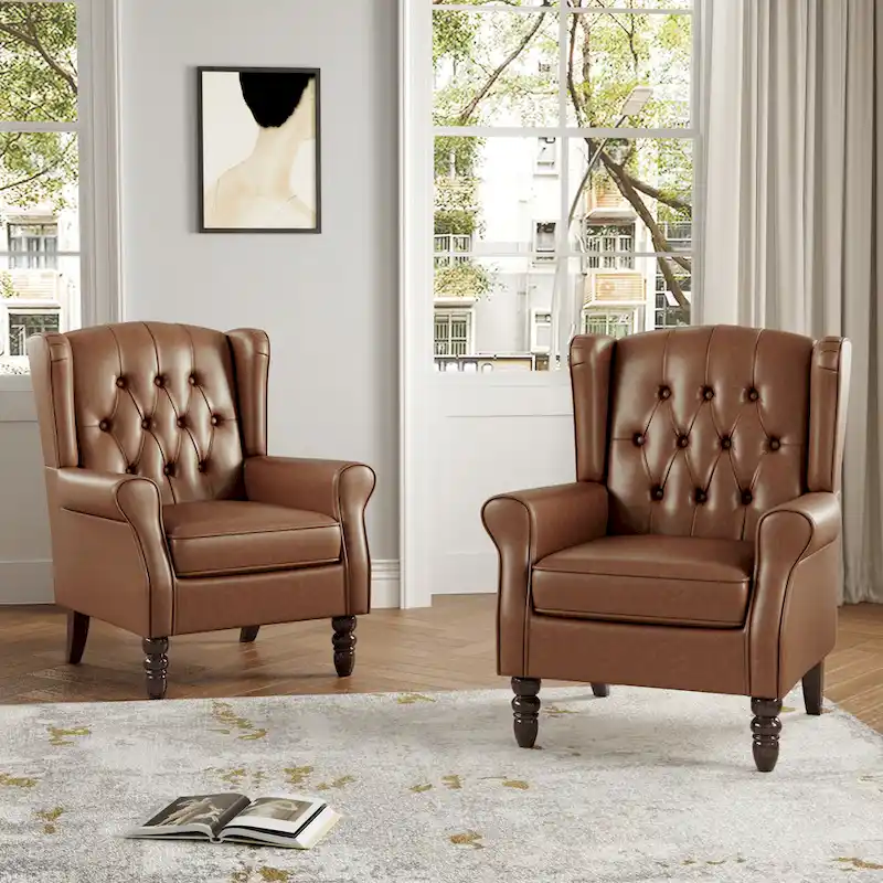 Set of 2 Vegan Leather Upholstered Button Tufted Accent Chair