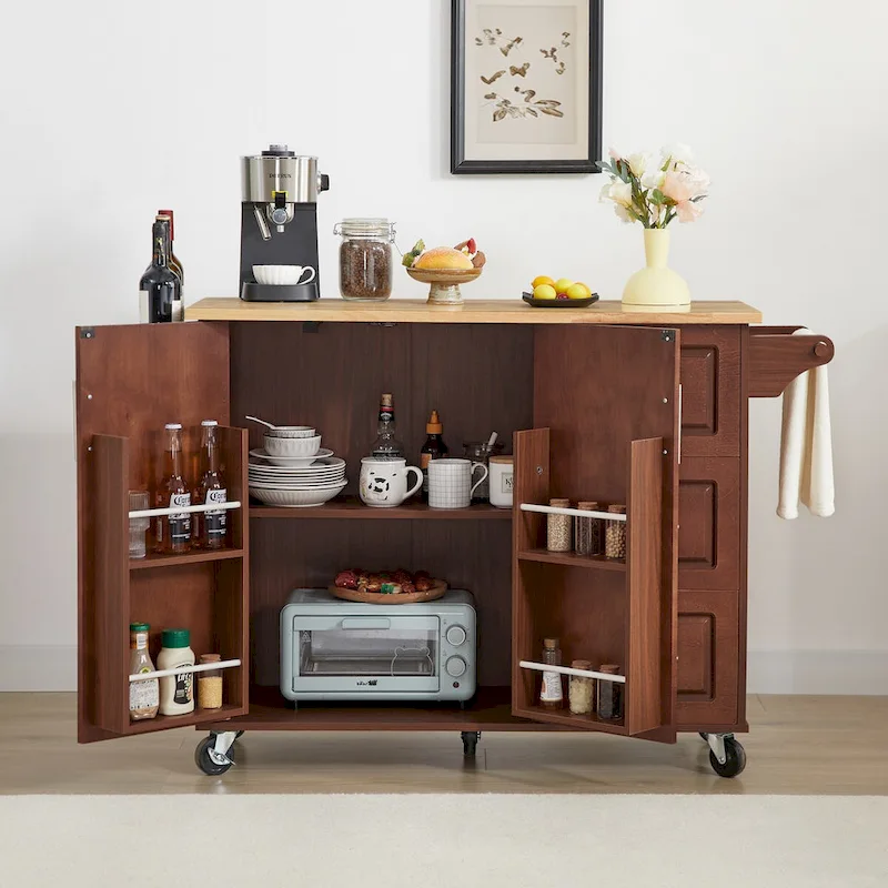 Rolling Kitchen Island Cart, Kitchen Island with Drop Leaf Counter top and Barn Door