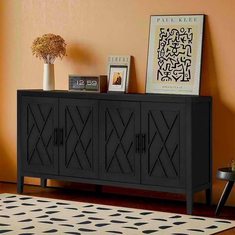 Black Wood 4-Door Storage Sideboard Cabinet