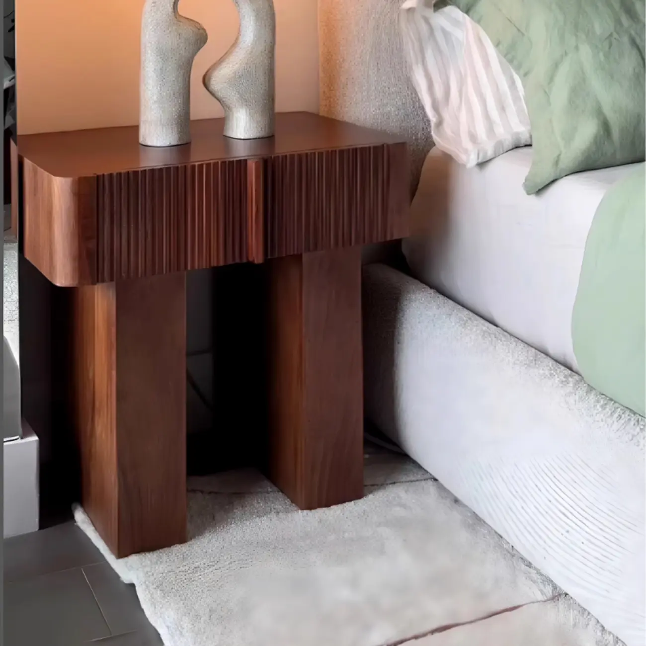 Modern Natural Wood Dual-Pedestal Drawer Nightstand