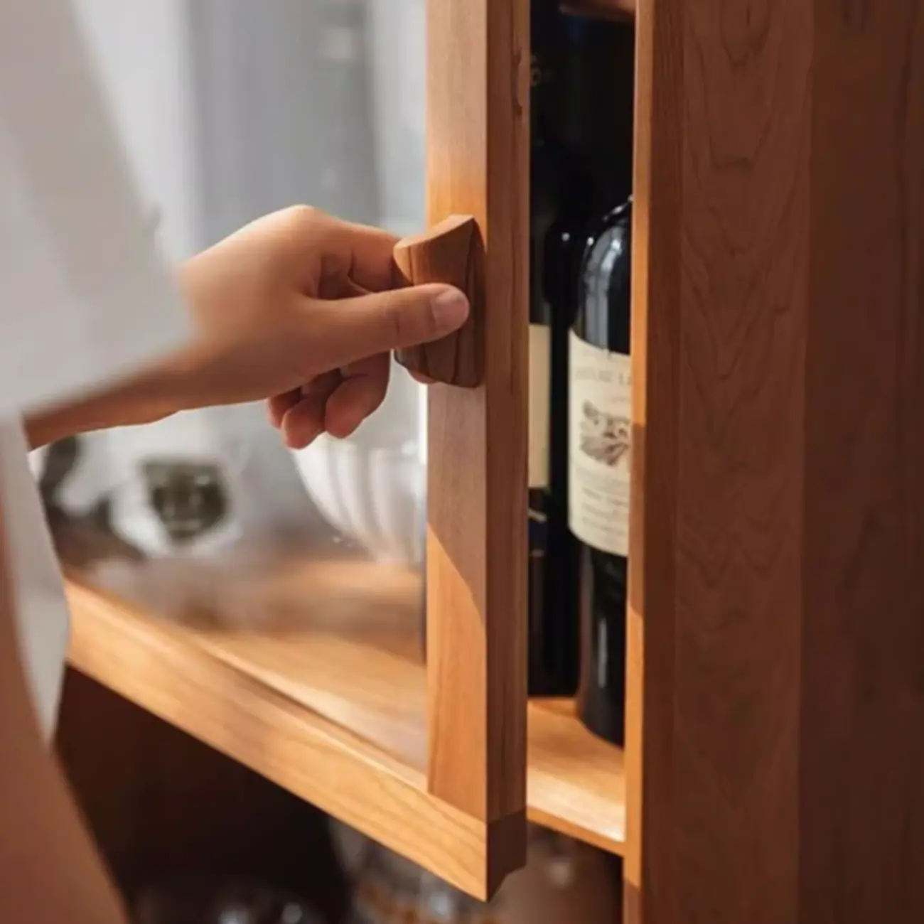 3-Tier Versatile Natural Cherry Wood Glass Rattan Utility Cabinet