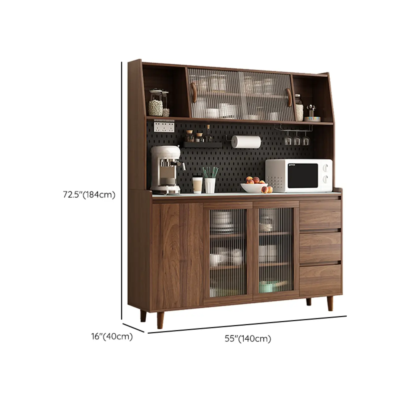 Wide Brown Wooden Pegboard Back Sideboard with Hutch