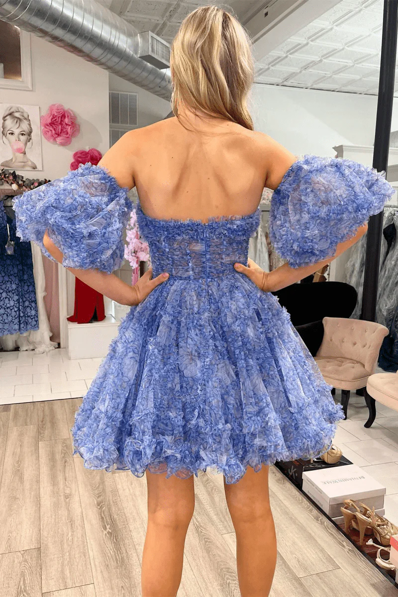 Blue Puff Sleeves Ruffles A-line Prints Homecoming Dress