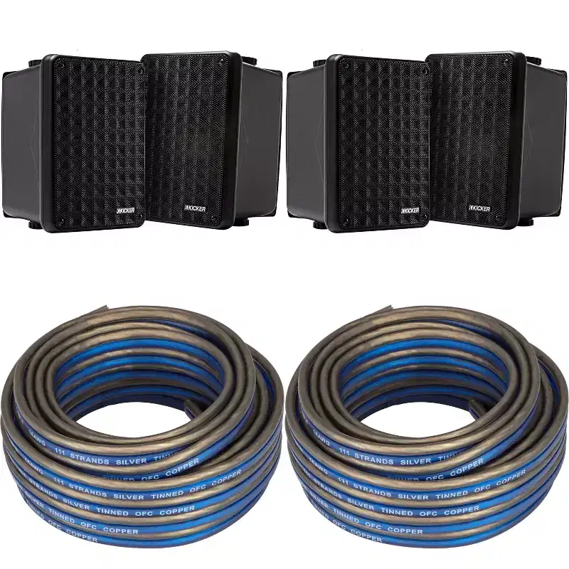 Kicker (2 Pair ) KB6B 2-Way Full Range Indoor Outdoor Speakers (Pair) Weatherproof Speakers for Patio Garage Poolside in-Home, Black & 40ft Speaker...