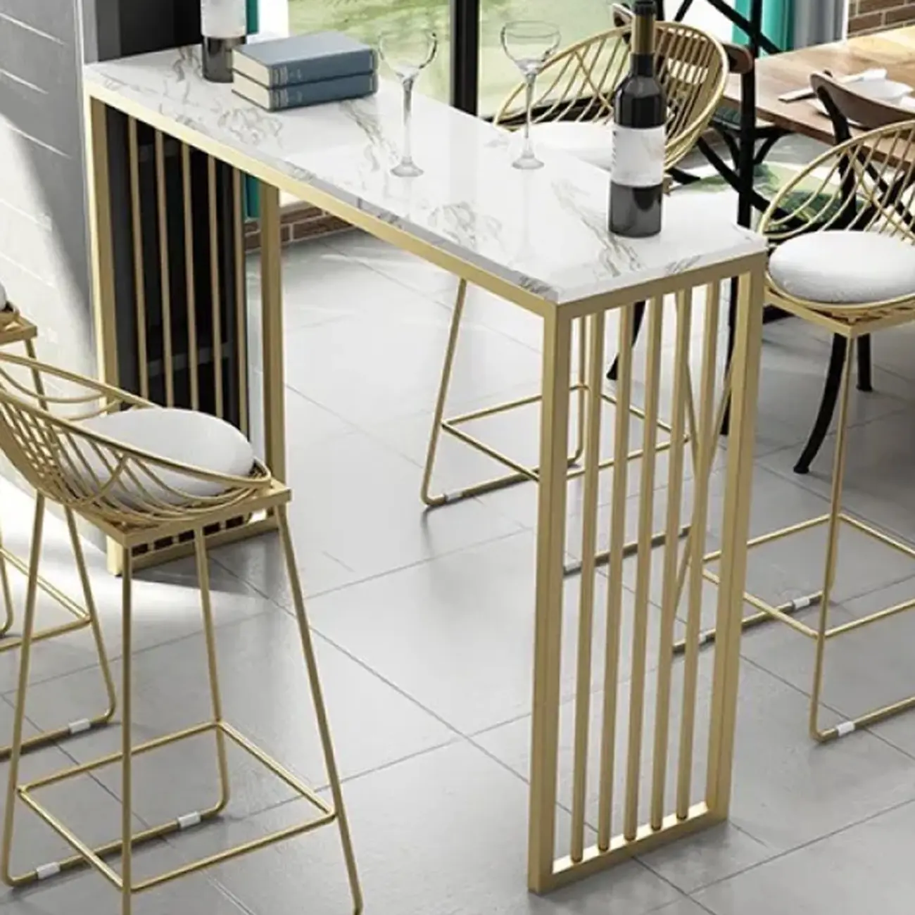 Glam White Faux Marble Gold Rail Metal Base Bar Tables