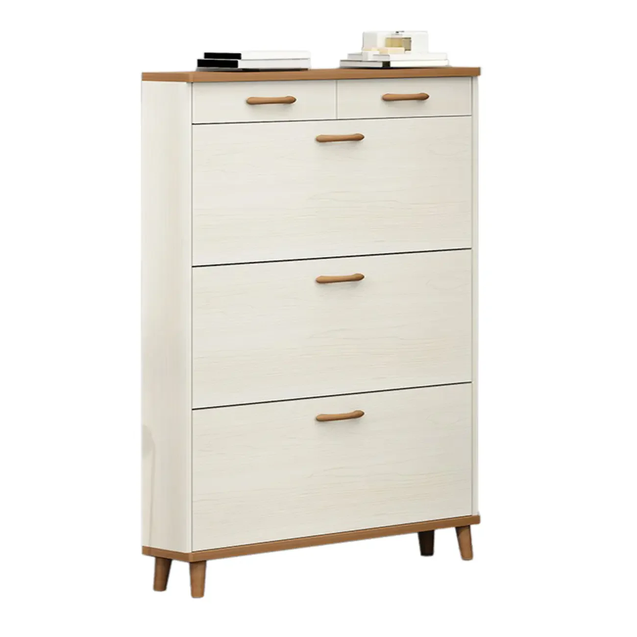 Narrow Beige Solid Wood Drop Front Shoe Cabinet