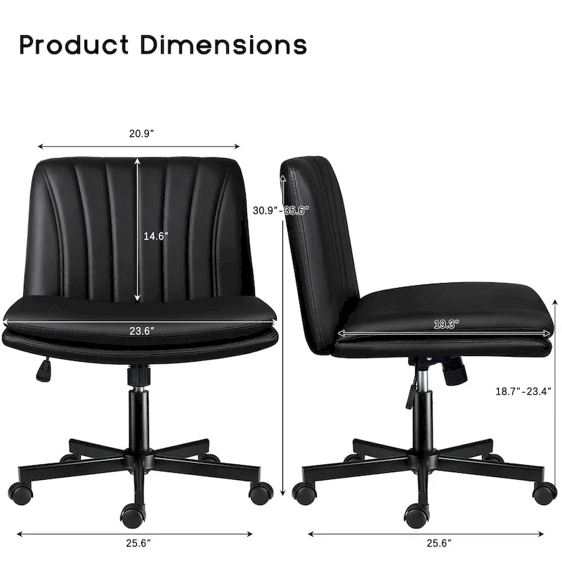 Cross Chair with Wheels,PU Leather Armless Cross Legged Office chair, Adjustable Wide Seat Task Vanity Chair