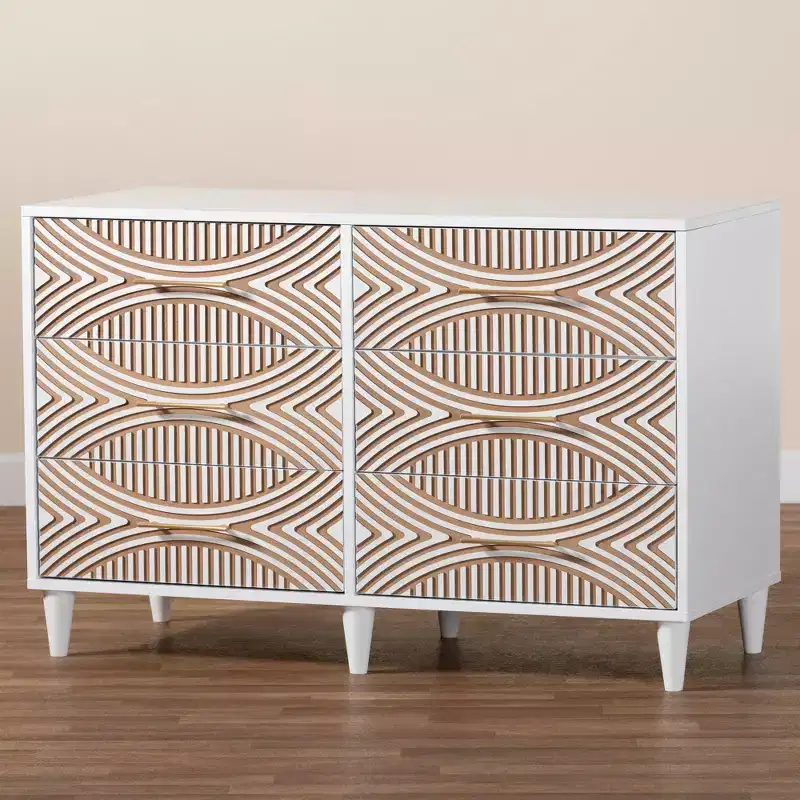 Baxton Studio Louetta Carved Contrasting 6 Drawer Dresser White/Natural Brown