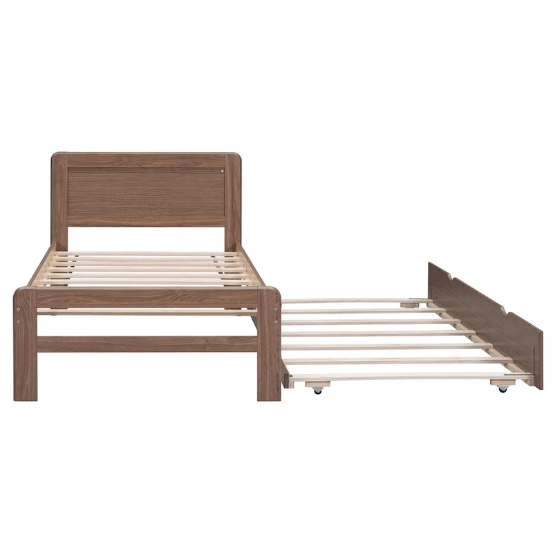 Brown Solid Wood Twin Bed with Trundle