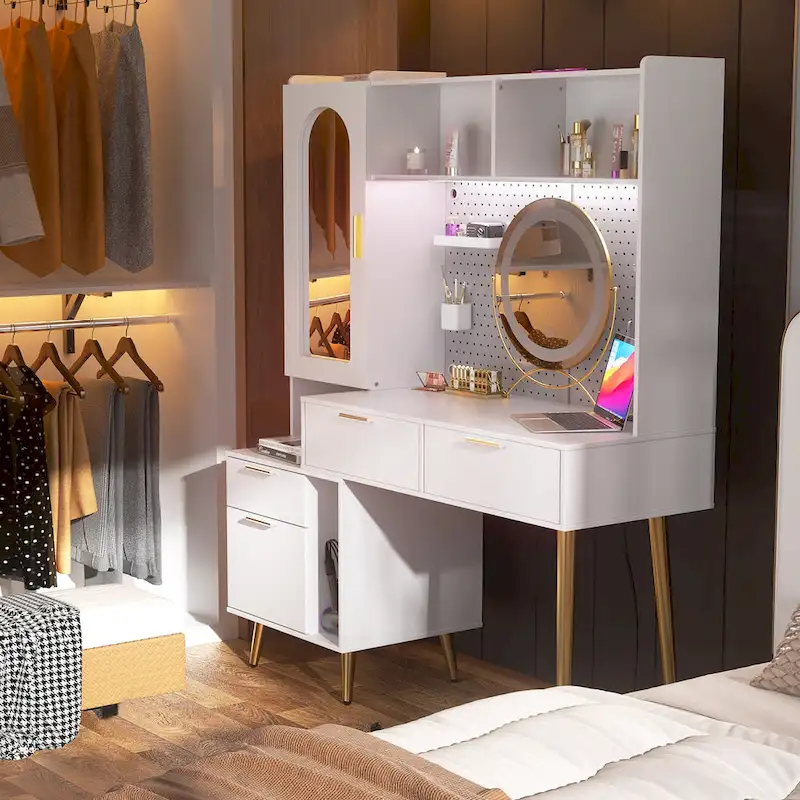 Makeup Vanity with Pegboard and Hutch, Bedroom Vanity Table with Charge Station and LED Light - N/A
