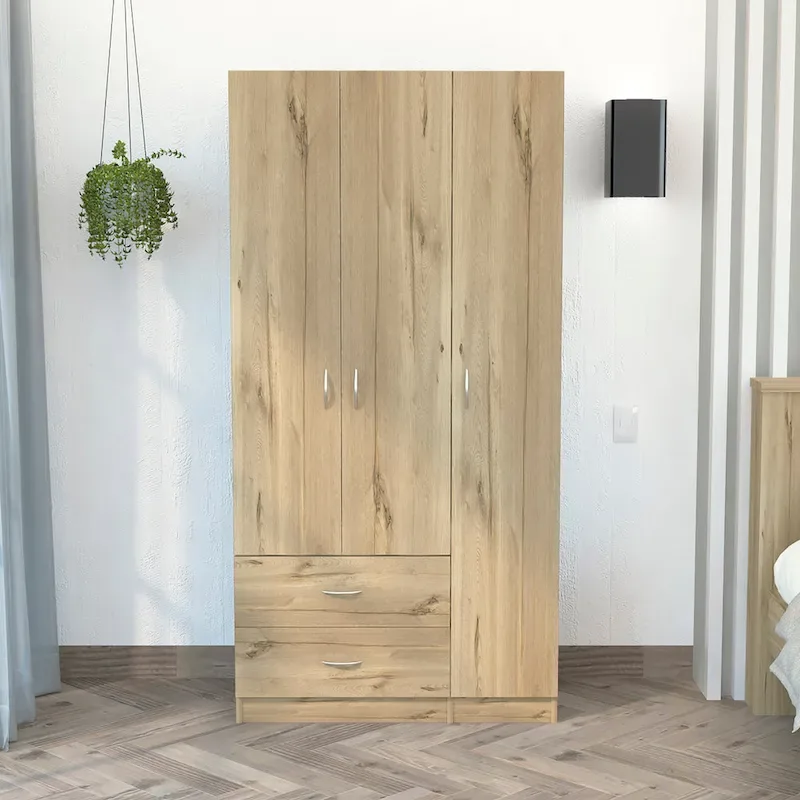 3-Door Armoire – Black / Smoky Oak | Drawers, Shelves & Hanging Rod | 1-Person