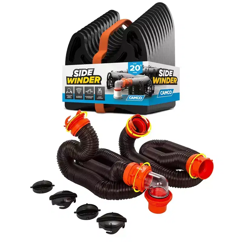 Camco RhinoFLEX 20 Ft RV Sewer Hose Kit w/ Sidewinder Support  Includes 4-in-1 Adapter, Clear Elbow & Caps  Fits 3 Slip & 3, 3, 4 Connections