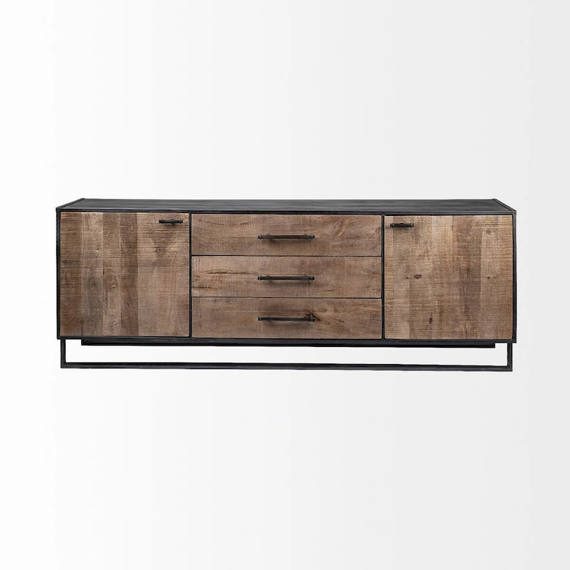 Alvin Brown Solid Wood With Black Metal Frame 3 Drawer 2 Cabinet Door Sideboard - 82.0L x 20.0W x 30.0H