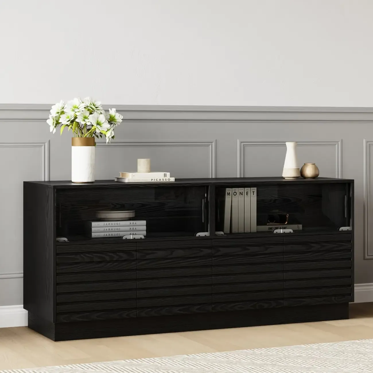 Modern Black Rectangular Wooden LED TV Stand
