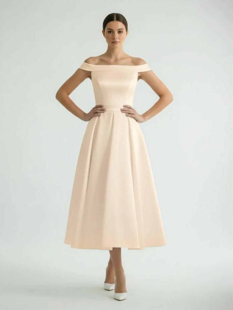 Sleeveless Tea-Length Satin Wedding Dress With Sash And Off-The-Shoulder Neck