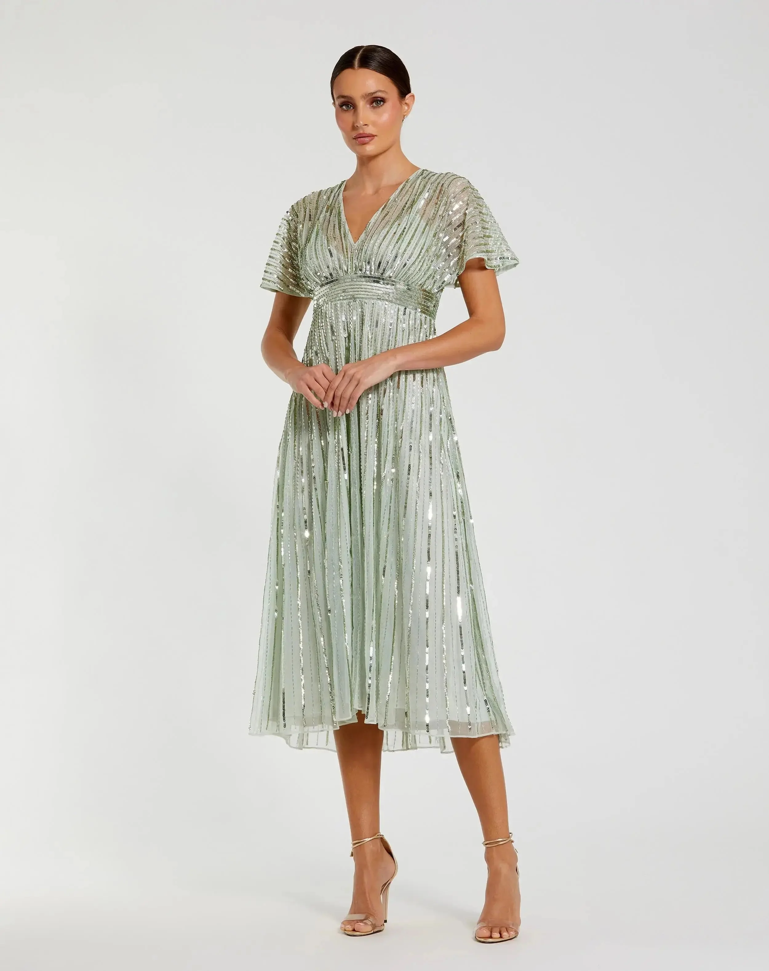 Green Embellished Short Sleeve Empire Waist Dress