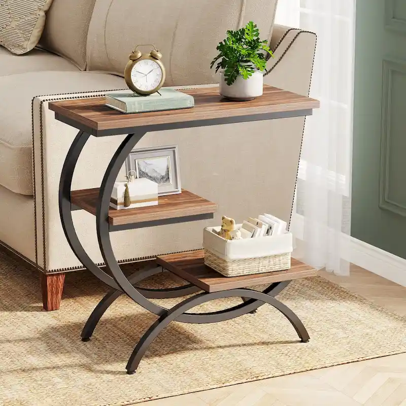 C-Shaped End Table, Industrial 3-Tier Side Table, Wood Bedside Table
