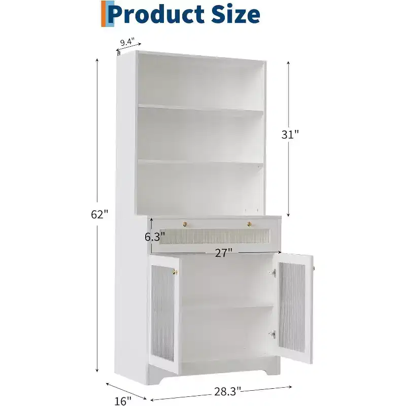 Acekool Kitchen Pantry Cabinet with Glass Doors, 3-Tier Open Shelf & Drawer, Adjustable Shelves, Coffee Bar Table for Kitchen & Dining Room, White