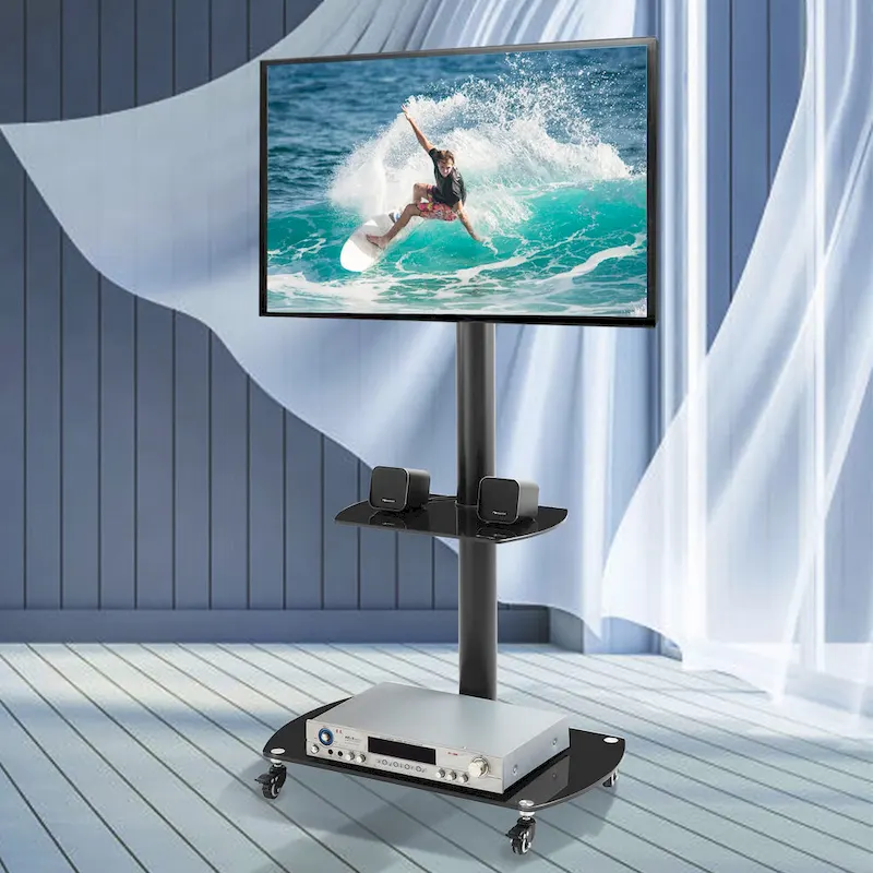 Black Metal Frame Rolling TV Stand with Lockable Wheels, 32–65