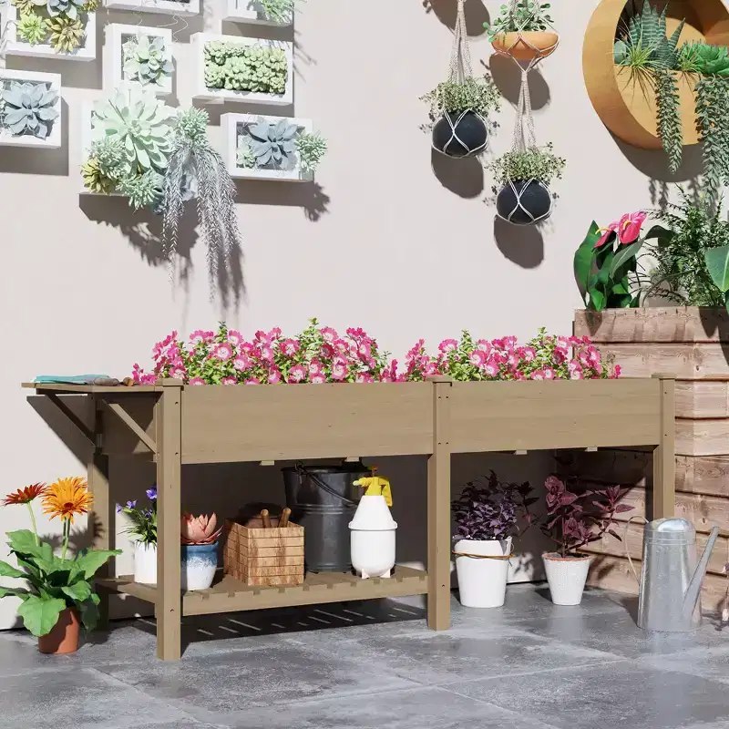 Outsunny Raised Garden Bed, Wood Elevated Planter Box with Side Table, Bottom Shelf, Bed Liners and Drainage Holes