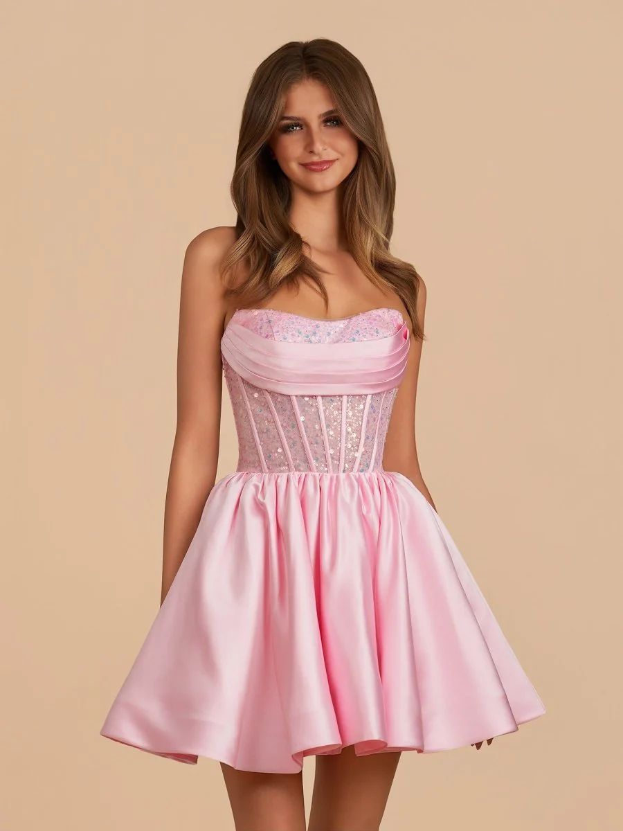 Pink - A Line Strapless Satin Corset Short Homecoming Dresses with Sequins