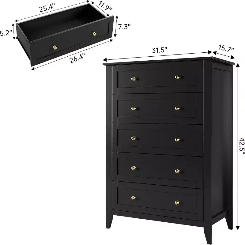GustoWave Wood Five-Drawer Dresser With Deep Drawers And Metal Knobs
