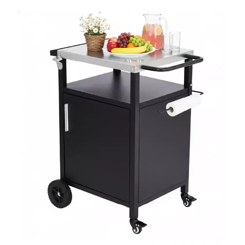 ROVSUN Outdoor Grill Table Cart with Cabinet, Stainless Steel Movable Kitchen Island with Large Storage Cabinet, Multifunction Food Prep Table
