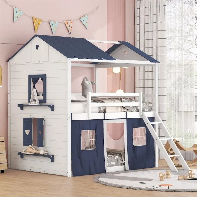 Blue+White / Pink+White House-Style Kids Bunk Bed, Twin/Full, 1-Child