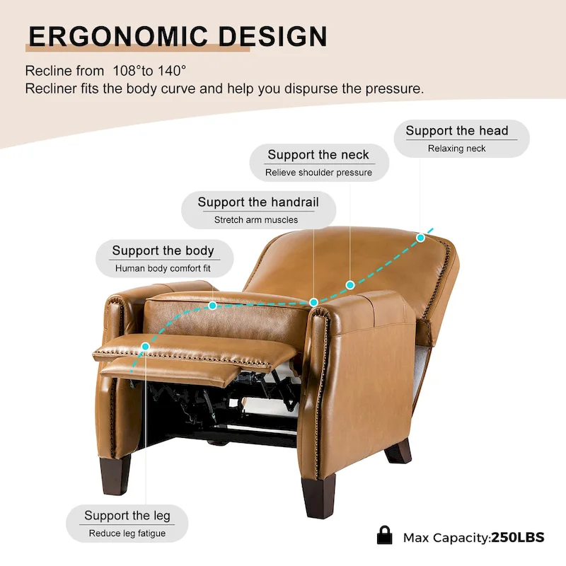 Modern Retro Genuine Leather Recliner with Nailhead Trim & Wooden Frame