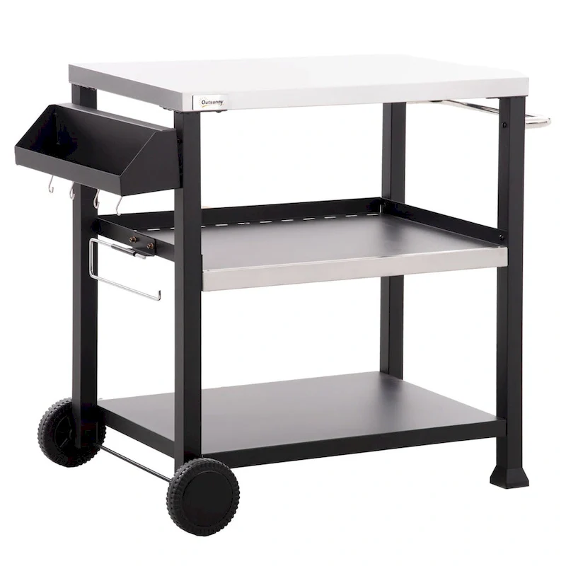 Three-Shelf Outdoor Grill Cart with Stainless Steel Tabletop