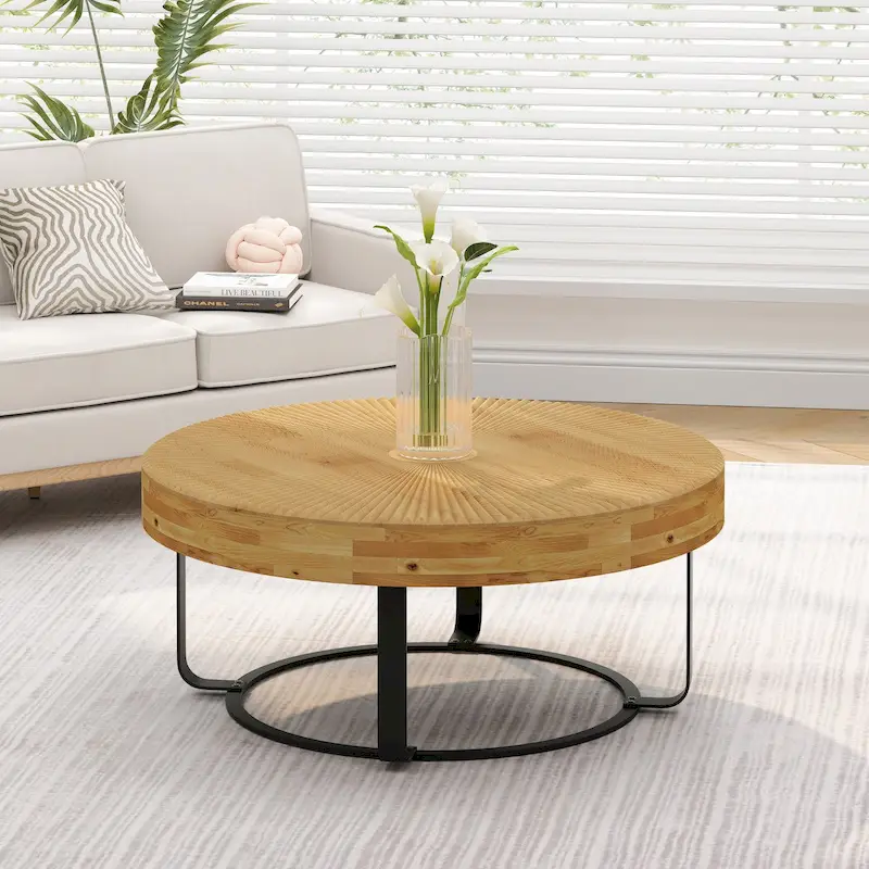 Natural & Black Round Coffee Table, Carved Wood Top, 6-Leg Metal Frame
