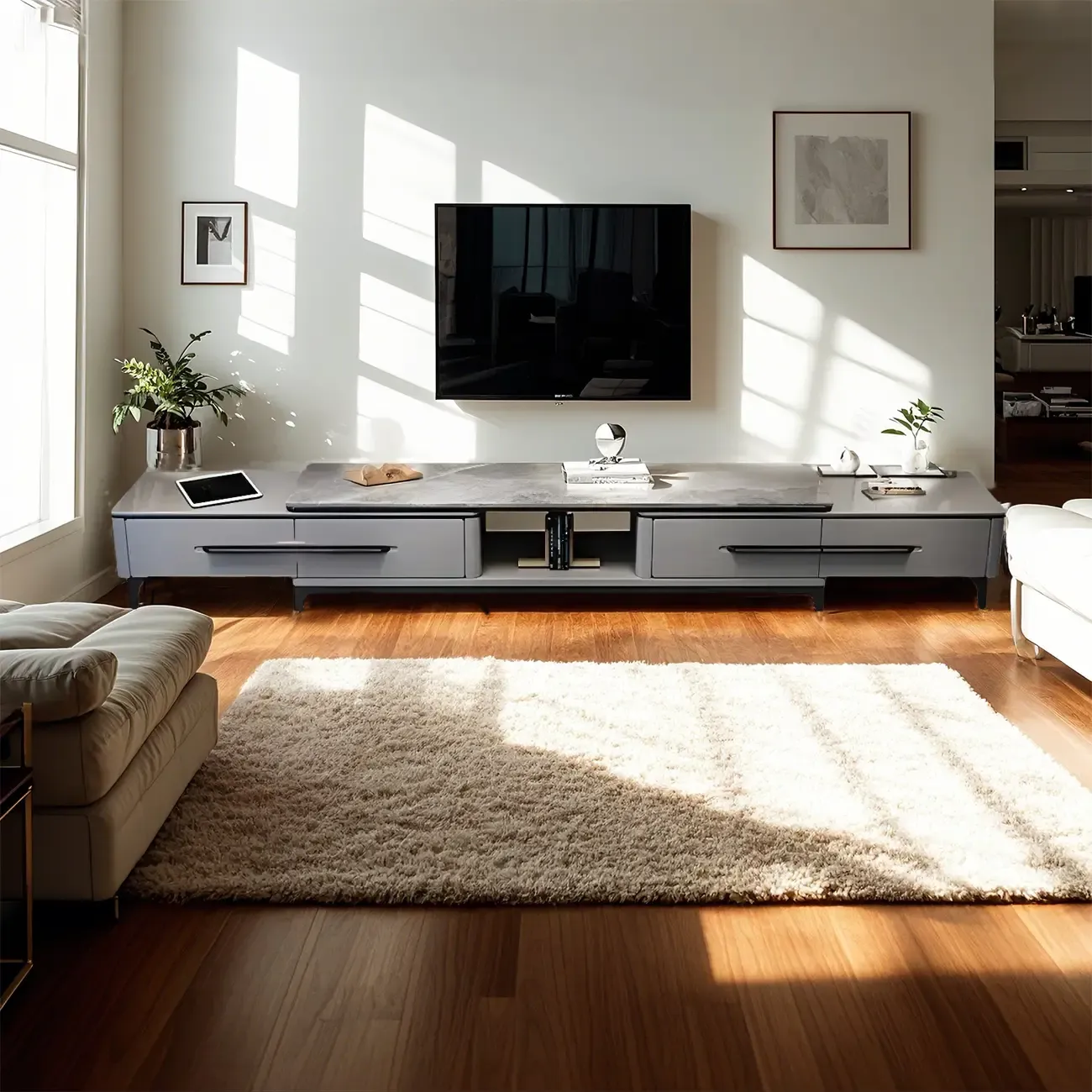 Grey Modern Marble Top Open Shelf TV Stand with Storage