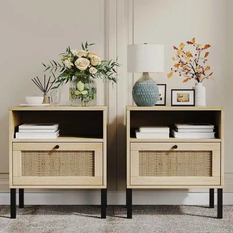 Natural Rattan Nightstand End Table, Boho Bedside Table with 1 Hand Made Door for Living Room, Bedroom
