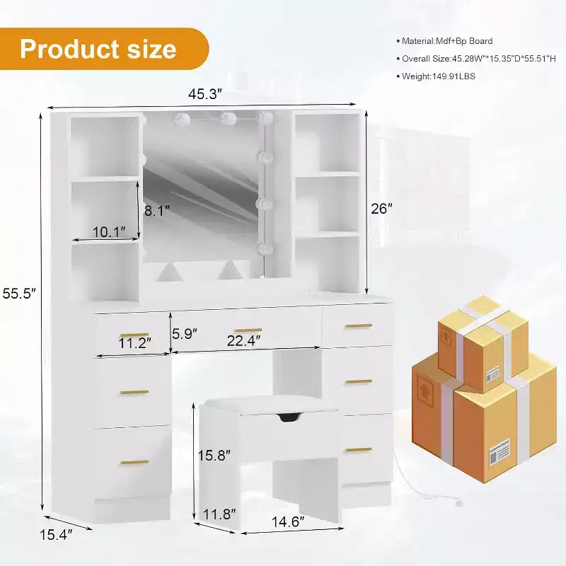 56Makeup Vanity with Power Outlet & Storage Shelves, Bedroom Dressing Table with 7 Drawers for Women & Girls, 3 Lighting Modes