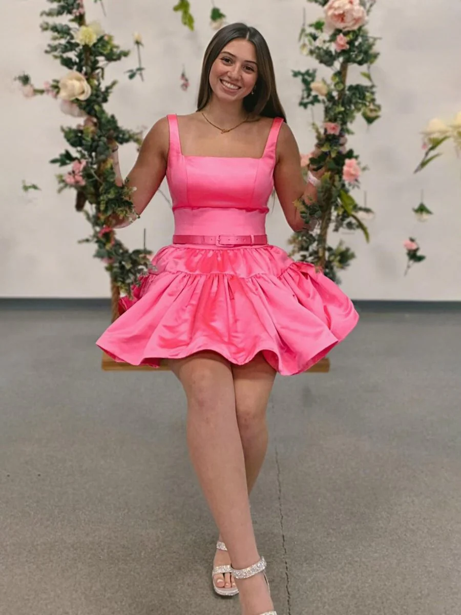 Hot Pink - Square Neck Satin A-Line Homecoming Dress With Ruffles