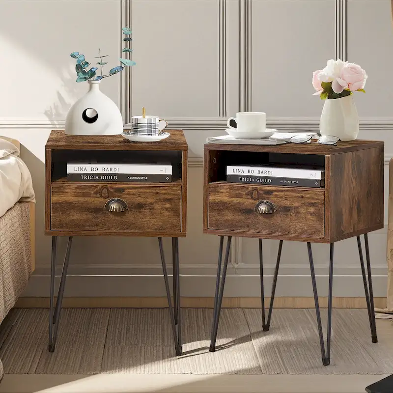 Modern Mid Century 1-Drawer Hairpin Nightstands, Brown/Blue/Black/Yellow, Four Options