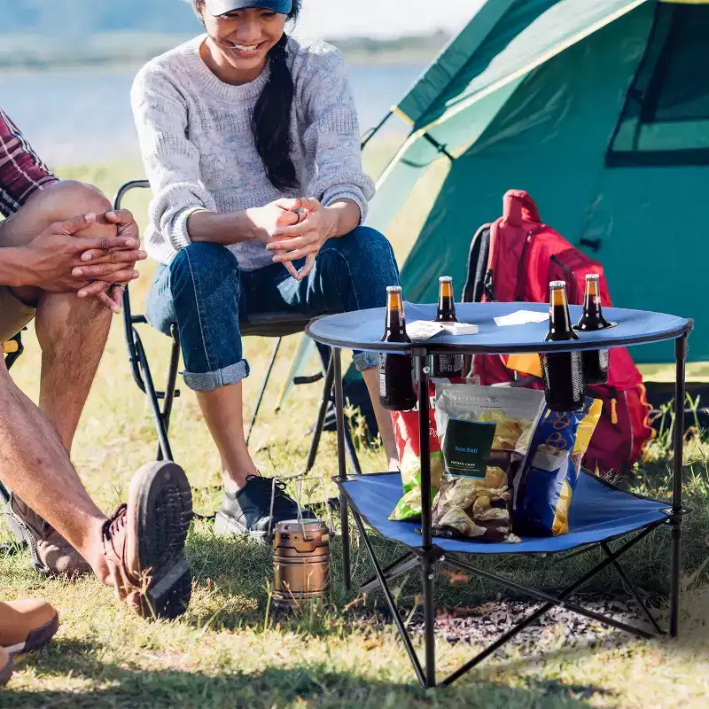 Leisure Sports Round 2-Tier Folding Camp Table With Cup Holders and Carrying Bag - Blue